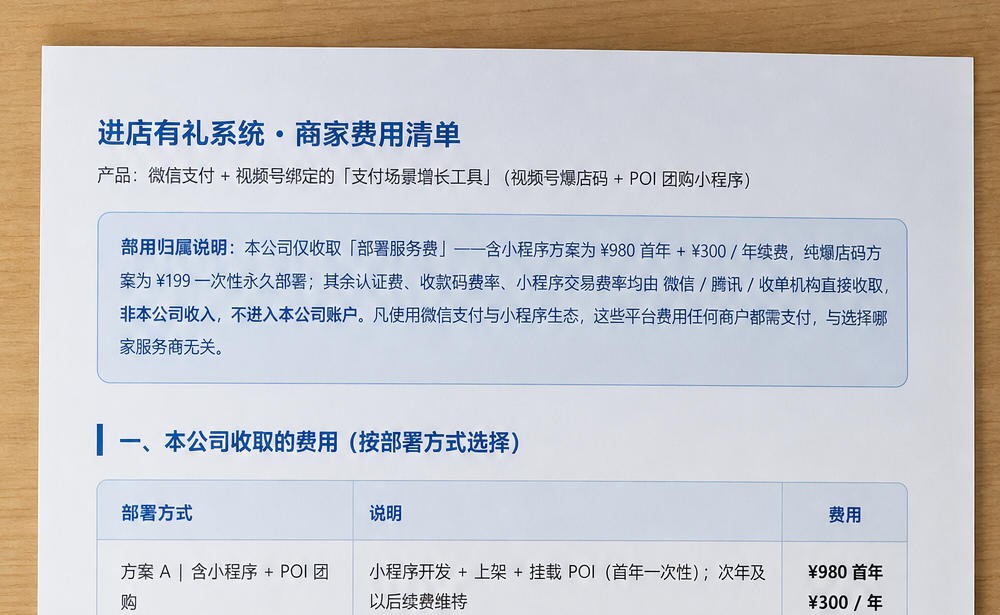 进店有礼视频号爆店码&微信poi小程序挂载 费用说明